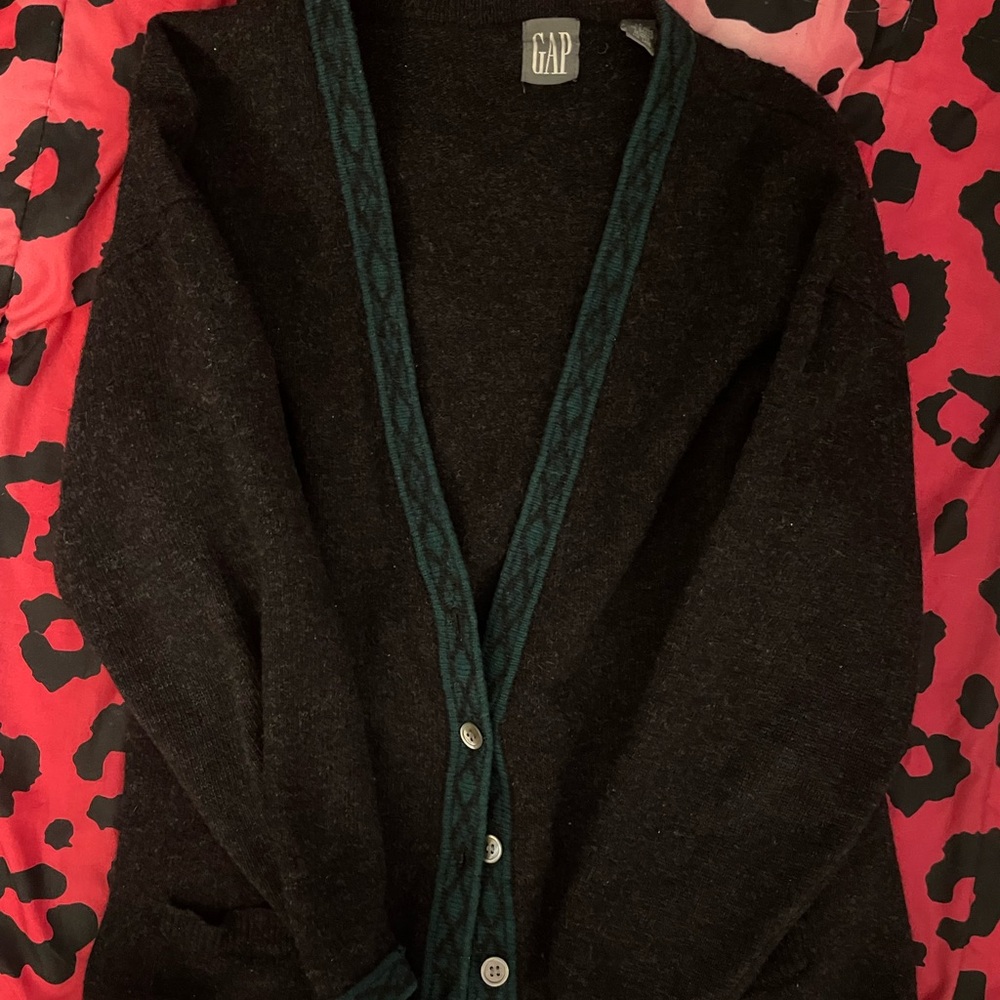 Vintage GAP Black Cardigan with Teal Trim